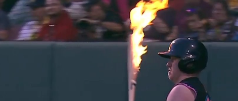 Baseball Player Sets Bat on Fire!